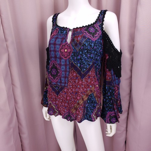 Bila Women's Floral Cold Shoulder Crochet Square Neck Blouse Top Medium - Picture 2 of 8