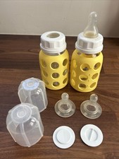 Life Factory Reusable Glass Baby Bottles BANANA 4oz w Silicone Sleeves Nipples
