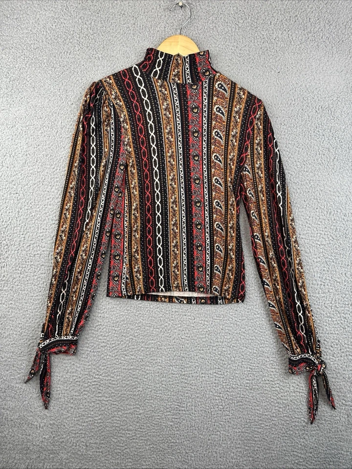 Top Free People Donatella Pequeño Multicolor Paisley Cuello Alto Boho Manga Atada Foto 4 de 4