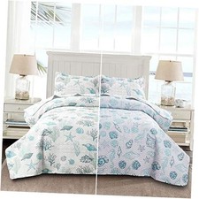 Reversible Coastal Beach Theme Quilt Set Size Ocean King Green Blue White