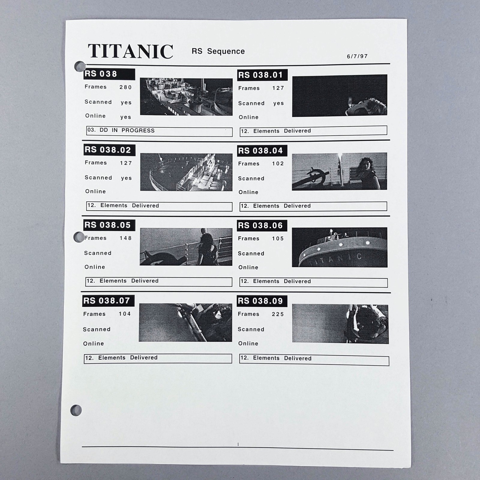 Titanic VFX Shot Tracker Report RS Sequence Rose, Jack Original Movie Prop COA