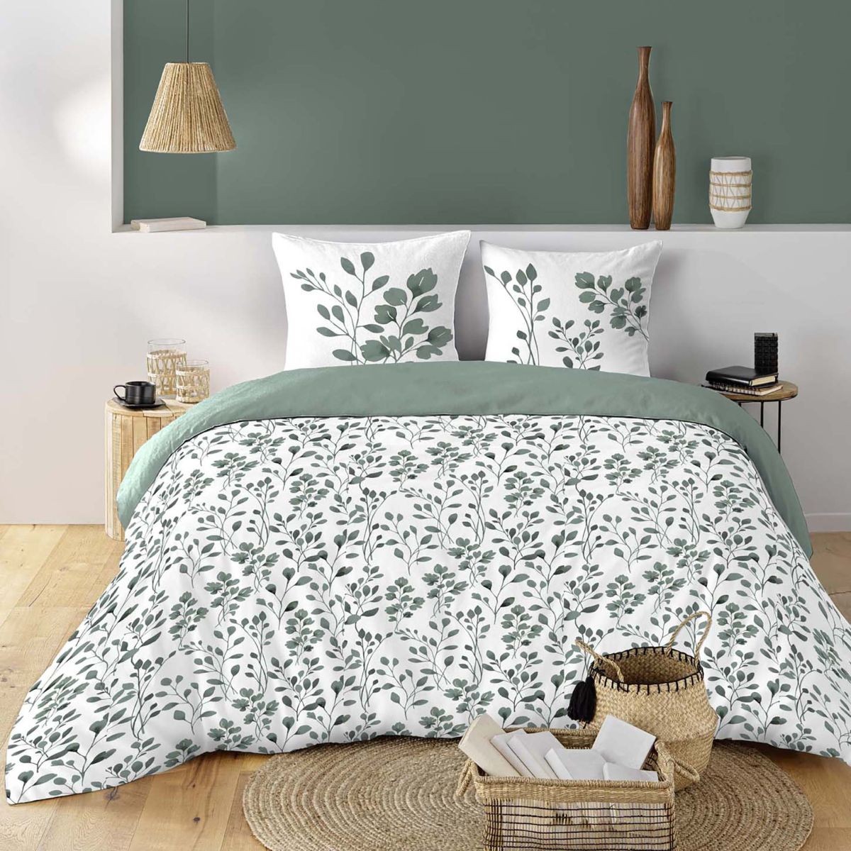 Parure de lit de qualité Maiwen 240x220cm en pur coton respirant vert sauge