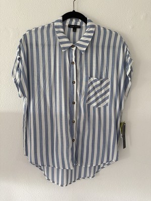 Moa Moa Womens Blue White Vertical Striped Short Sleeve Button Down Shirt Size L