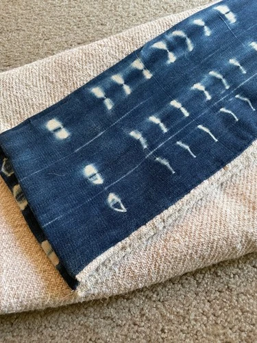Vintage French Grain Sack Table Runner w Indigo Mali Mud Cloth Border Farmhouse
