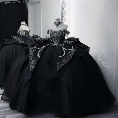 Rhinestone Quinceanera Dresses Off Shoulder Luxury Glitter Black Ball Gowns  | eBay