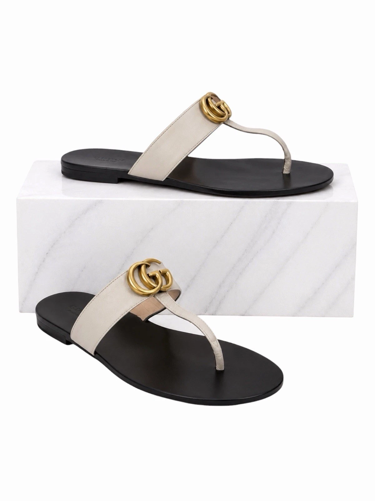 Gucci — Gucci Leather Thong Sandal Gold Double G Logo Cream White Women Size 37