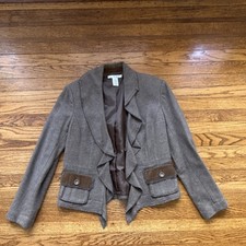 CAbi Brown Ruffle Blazer Jacket Button Accents Pockets Women  s Size 8
