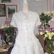 Preview of Metamorphose Dot Frill Short Sleeve Blouse | White | Classic Lolita