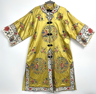 Vtg 60s Bai Hua Black Silk/Nylon Embroidered Chinese Jacket Robe Yellow Large
