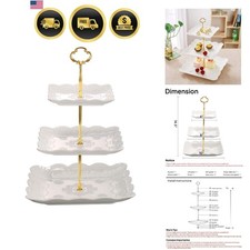 3 Tier Porcelain Cupcake Stand, Tiered Serving Cake Stand, Square White Embos...