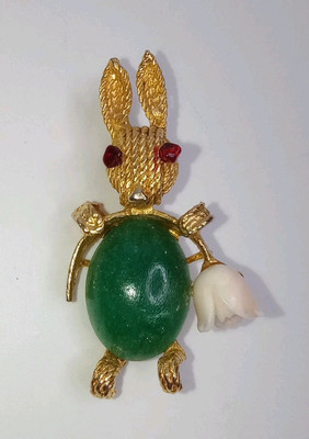 Ciro Green Pink Resin Rose Flower Bunny Rabbit Brooch