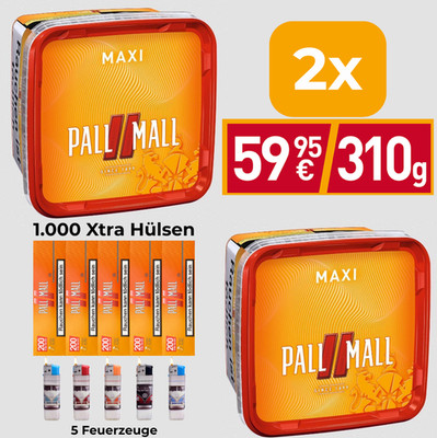 Pall Mall Allround Red 2x 310g Maxi Box Tabak + 1000 Hülsen + 5 Feuerzeuge