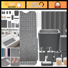 26PC Grey Bathroom Accessories Set - Shower Curtain, Mats, Trash Can  Soap Disp