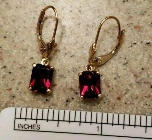 2Ct Emerald Cut Lab Created Red Ruby Drop Dangle Earrings 14K Yellow Gold Plated - Image 2 of 4