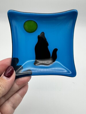 Fused Glass Art Trinket Dish Blue 4  Square Wolf Howling Moon Handmade Ashtray