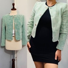 ZARA New Luxury Preppy Green Long Sleeves Round Neck Textured Crop Blazer Sz XL