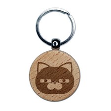 Round Cat Face Doubtful Engraved Wood Round Keychain Tag Charm