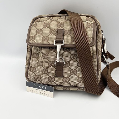 GUCCI Mini Shoulder Bag GG Pattern Jackie Square Canvas Leather Brown Beige
