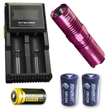Nitecore P05 PINK 460 Lumen w/Nitcore D2 Charger, NL166, + 2x CR123A Batteries