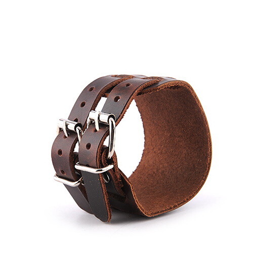 Men's Leather Double Belt Strap Buckle Adjustable Cuff Bangle Wristband Bracelet - Picture 14 of 23