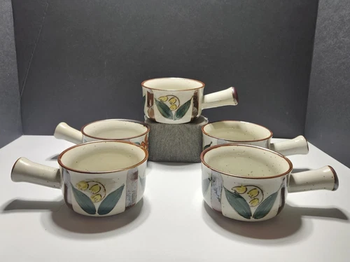 VTG Stoneware Soup Mug Mid Century Japan Handled Bowl Ceramic Retro Set Of 5 Cup