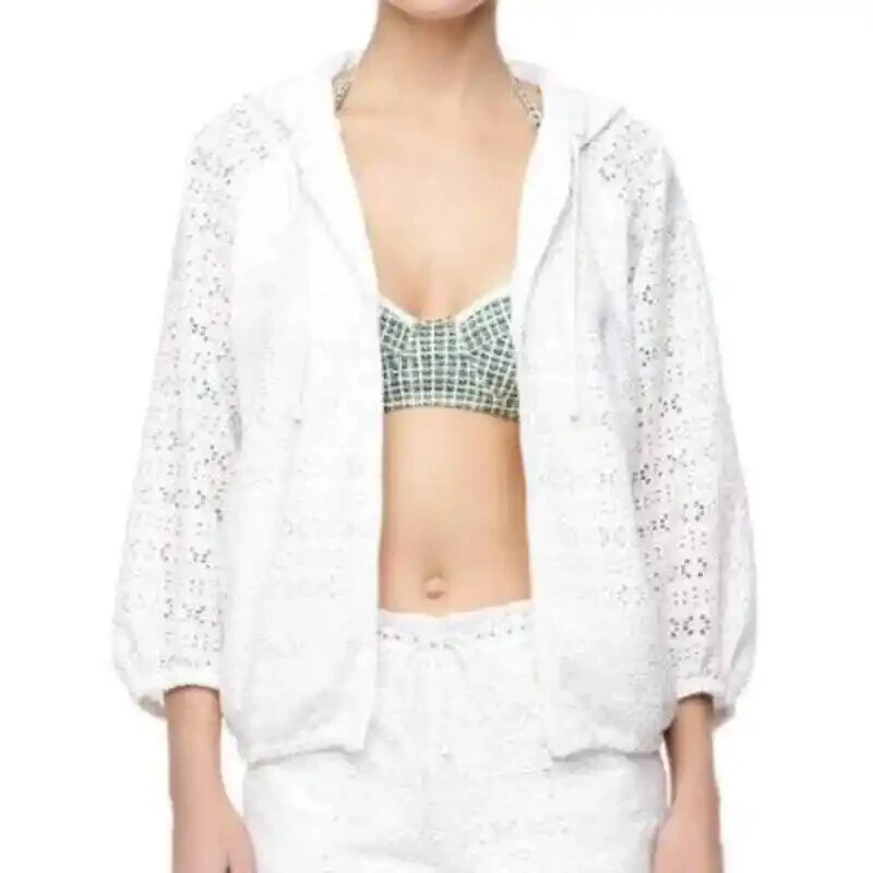 TORY BURCH White Eyelet Hooded Cotton Terry Full Zip Jacket Size M