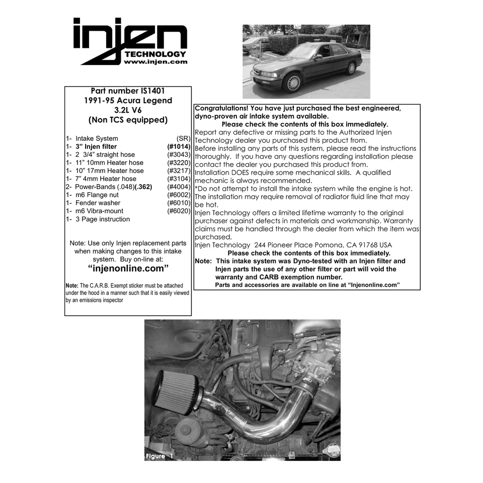 Entrada de aire frío Ram corta de aluminio Injen IS1401P para Acura Legend 1991-1995 3,2 L Foto 4 de 4