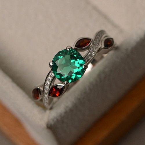 Dainty Emerald Ring 925 Sterling Silver Lab Created Round Gemstone Women Ring - Picture 3 of 5