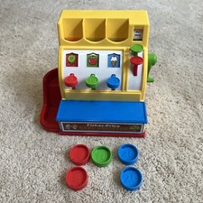 Fisher Price Mattel 2015 Cash Register 2073 w/ 5 Coins Works With Minor Scuffs