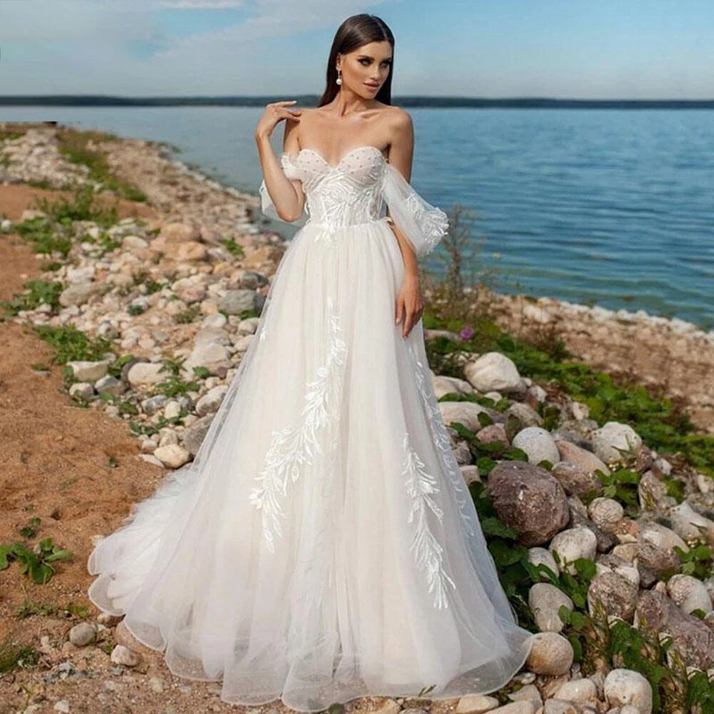 Elegant Beach Wedding Dresses Modern Lace Appliques Sweetheart Off The  Shoulder