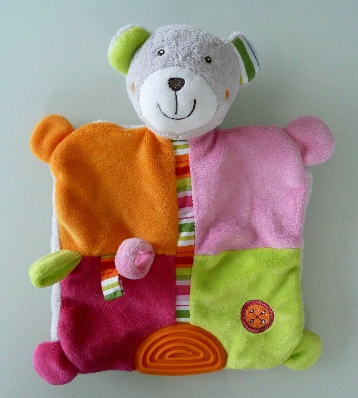 Doudou vache verte orange pois pelle rateau BABYSUN