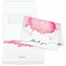 Thank You Greeting Cards and Envelopes, Pink Leaf Art, A2 Size, 25 Qty