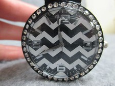 Geneva Chevron Print Watch Black & White w/Rhinestones Flex Band NEW Quartz