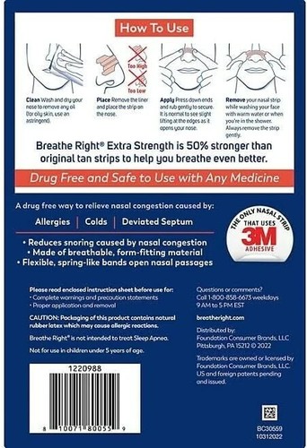 Tiras nasales Breathe Right CLARAS Y BRONCEADAS alivio de ronquidos extra fuerza 72 CT - Imagen 5 de 10