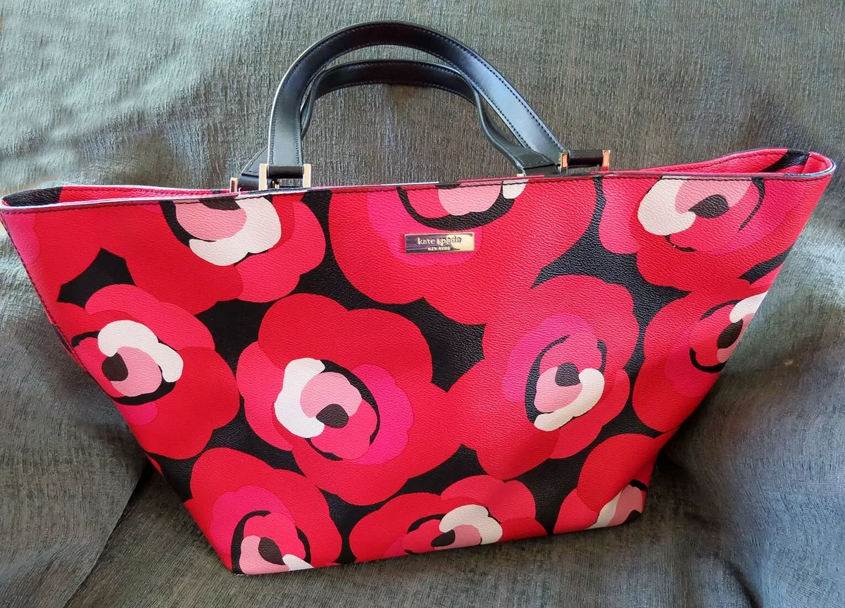 KATE SPADE XL Ellison Avenue Sidney Black Red Floral Print Leather Tote Hand Bag