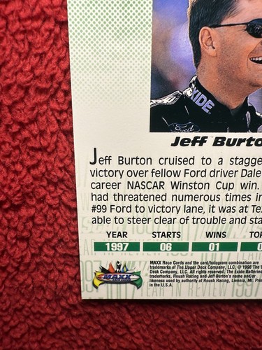 Vintage 1998 Jeff Burton Maxx Upper Deck Nascar Auto Trading Card 026 - Picture 12 of 12