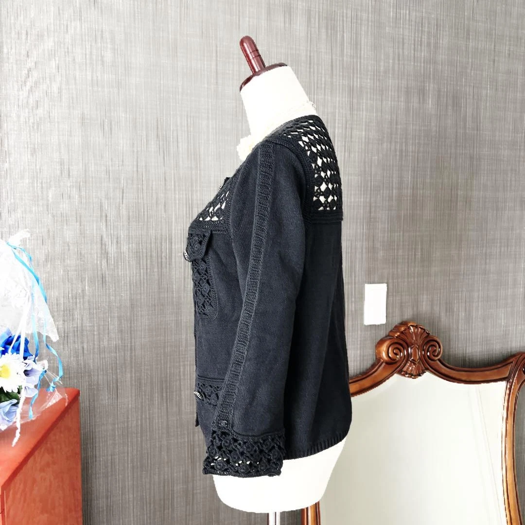 Giacca CHANEL all'uncinetto nera perla ricamata all'uncinetto maglia 40 Made in France