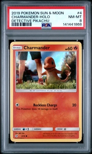 2019 POKEMON SUN & MOON DETECTIVE PIKACHU #4 CHARMANDER-HOLO PSA 8