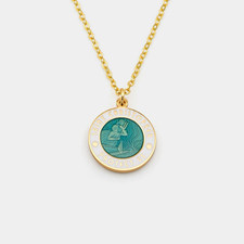 Saint Christopher Protect Us Gold Tone Round Enamel Charm Pendant Cable Necklace