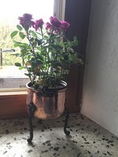 Dekorativer Vintage Kupferkessel auf Metall-F&uuml;&szlig;en mit Henkel, Blumen&uuml;bertopf
