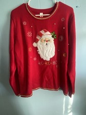 Red Santa Claus Embroidered Beaded Pullover Sweater Knit Crew Neck XXL Women