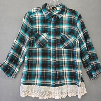 Absolutely Famous Green Teal Plaid Preppy Lace Buttons 3/4 Sleeves Womens Size M