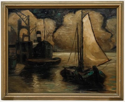Framed Mid 20th Century Oil - Dockland at Night