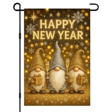 New Year Garden Flag 12x18 Inch Double Sided Flag Gnomes and Champagne Banner