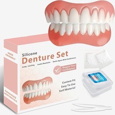Silicone Dentures for Men  Women, Upper  Lower False Teeth, Natural Shade Smil