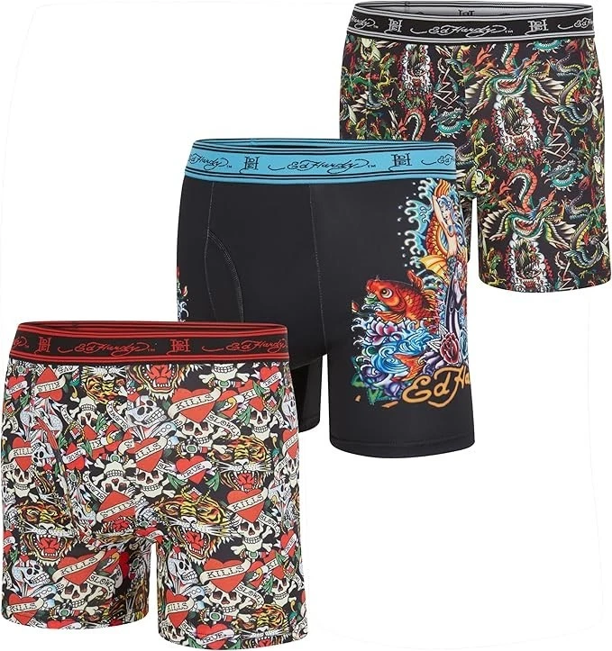 Paquete de 3 calzoncillos boxer de rendimiento Ed Hardy para hombre ropa interior inspirada en tatuajes talla XL Foto 2 de 4