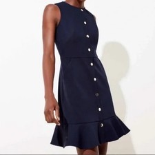NWT Ann Taylor LOFT Navy Blue Gilded Button Flounce Sleeveless Dress 00 Petite