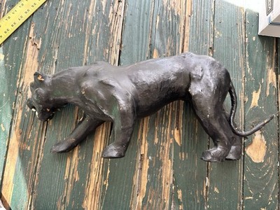 Leather Wrapped Paper Mache Black Panther Sculpture Red Eyes Vintage