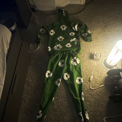 Men s M Green/White Floral 2-Pc Fleece Sweatsuit denim tear