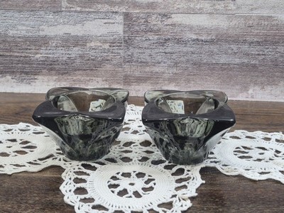 Vintage Viking Art Glass ASTRA Star Smokey Gray Candle Holders (Pair) 1960's USA